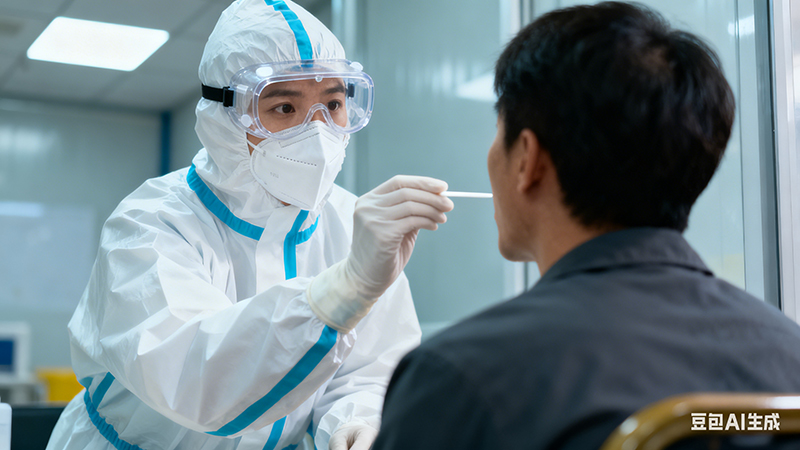 一名医护人员正在为患者咽拭子采集核酸样本.jpg 一名医护人员正在为患者咽拭子采集核酸样本.jpg